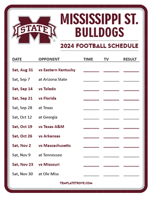 Mississippi State Bulldogs Football 2024
 Printable Schedule - Style 3