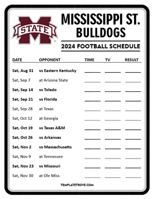 Mississippi State Bulldogs Football 2024
 Printable Schedule - Style 4