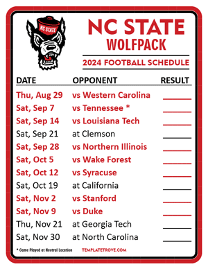 NC State Wolfpack Football 2024
 Printable Schedule  - Style 2