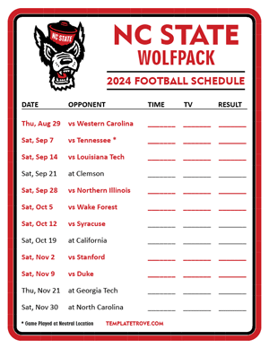 NC State Wolfpack Football 2024
 Printable Schedule - Style 3