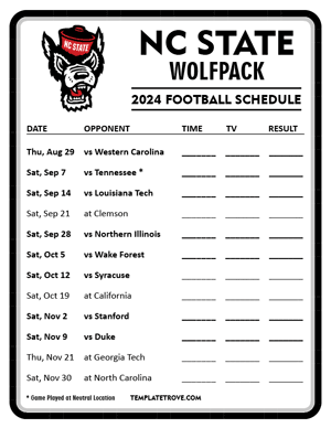 NC State Wolfpack Football 2024
 Printable Schedule - Style 4