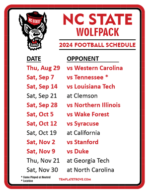 NC State Wolfpack Football 2024
 Printable Schedule