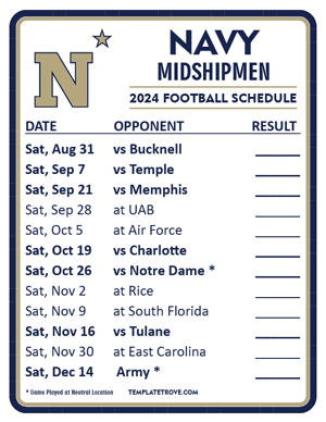 Navy Midshipmen Football 2024
 Printable Schedule  - Style 2