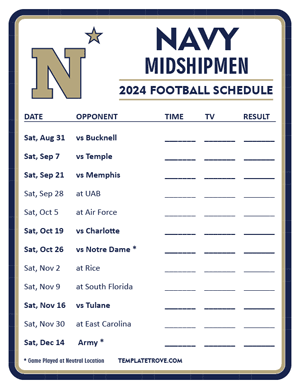 Navy Midshipmen Football 2024
 Printable Schedule - Style 3