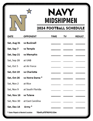 Navy Midshipmen Football 2024
 Printable Schedule - Style 4