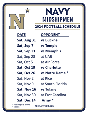Navy Midshipmen Football 2024
 Printable Schedule