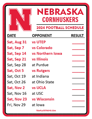 Nebraska Cornhuskers Football 2024
 Printable Schedule  - Style 2