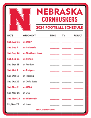 Nebraska Cornhuskers Football 2024
 Printable Schedule - Style 3