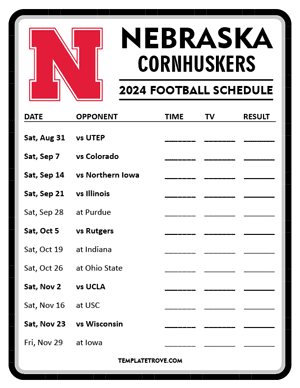 Nebraska Cornhuskers Football 2024
 Printable Schedule - Style 4