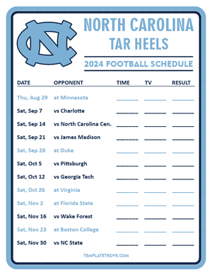 North Carolina Tar Heels Football 2024
 Printable Schedule - Style 3
