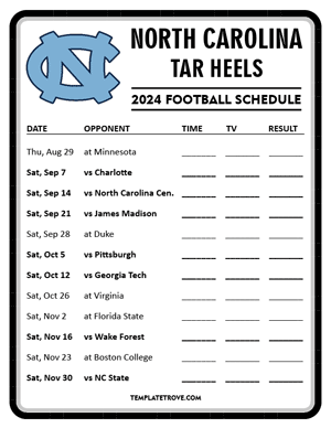 North Carolina Tar Heels Football 2024
 Printable Schedule - Style 4