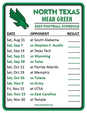 North Texas Mean Green
 Football 2024
 Printable Schedule  - Style 2