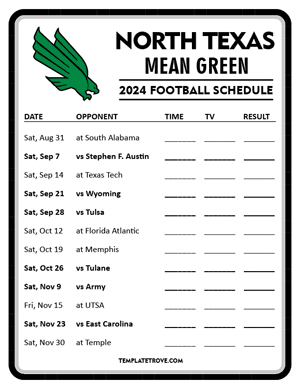 North Texas Mean Green
 Football 2024
 Printable Schedule - Style 4