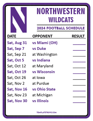 Northwestern Wildcats Football 2024
 Printable Schedule  - Style 2