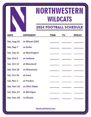 Northwestern Wildcats Football 2024
 Printable Schedule - Style 3