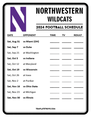 Northwestern Wildcats Football 2024
 Printable Schedule - Style 4