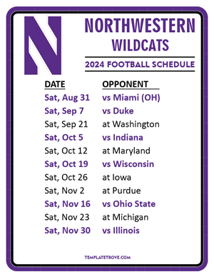 Northwestern Wildcats Football 2024
 Printable Schedule