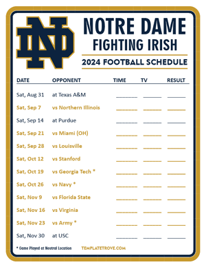 Notre Dame Fighting Irish Football 2024
 Printable Schedule - Style 3