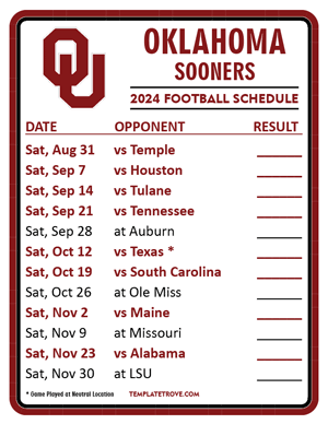 Oklahoma Sooners Football 2024
 Printable Schedule  - Style 2