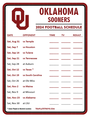 Oklahoma Sooners Football 2024
 Printable Schedule - Style 3