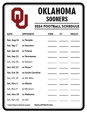 Oklahoma Sooners Football 2024
 Printable Schedule - Style 4
