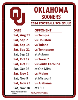 Oklahoma Sooners Football 2024
 Printable Schedule