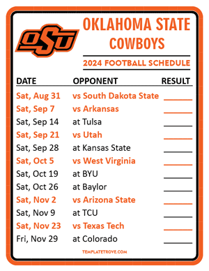 Oklahoma State Cowboys Football 2024
 Printable Schedule  - Style 2
