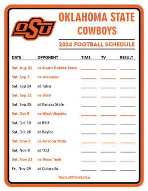 Oklahoma State Cowboys Football 2024
 Printable Schedule - Style 3