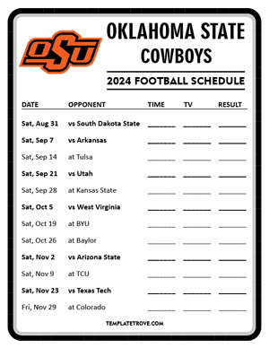 Oklahoma State Cowboys Football 2024
 Printable Schedule - Style 4