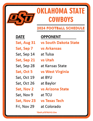 Oklahoma State Cowboys Football 2024
 Printable Schedule