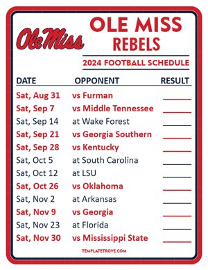 Ole Miss Rebels Football 2024
 Printable Schedule  - Style 2