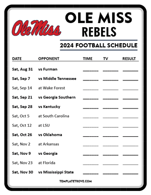 Ole Miss Rebels Football 2024
 Printable Schedule - Style 4