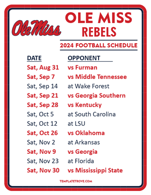 Ole Miss Rebels Football 2024
 Printable Schedule