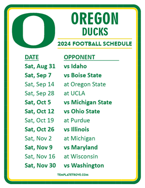 Oregon Ducks Football 2024
 Printable Schedule