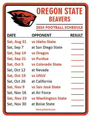 Oregon State Beavers Football 2024
 Printable Schedule  - Style 2