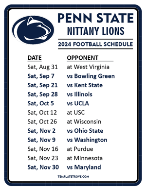 Penn State Nittany Lions Football 2024
 Printable Schedule