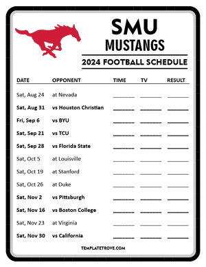 SMU Mustangs Football 2024
 Printable Schedule - Style 4