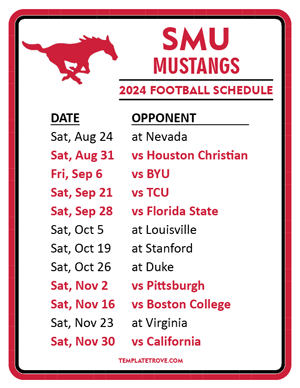 SMU Mustangs Football 2024
 Printable Schedule