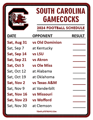 South Carolina Gamecocks Football 2024
 Printable Schedule  - Style 2
