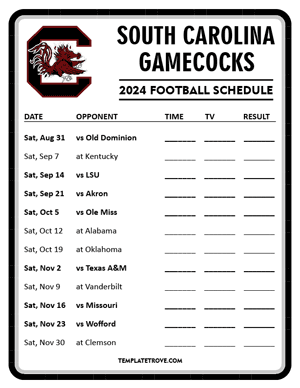 South Carolina Gamecocks Football 2024
 Printable Schedule - Style 4