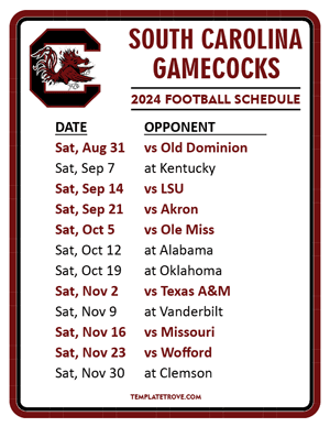 South Carolina Gamecocks Football 2024
 Printable Schedule
