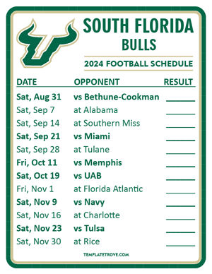 South Florida Bulls Football 2024
 Printable Schedule  - Style 2