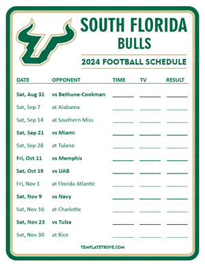 South Florida Bulls Football 2024
 Printable Schedule - Style 3