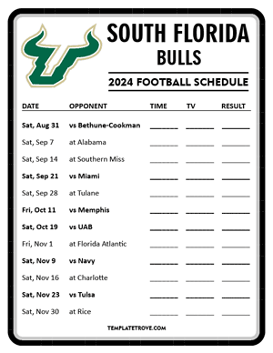 South Florida Bulls Football 2024
 Printable Schedule - Style 4