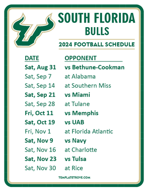 South Florida Bulls Football 2024
 Printable Schedule