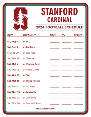 Stanford Cardinal Football 2024
 Printable Schedule - Style 3