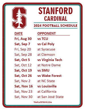 Stanford Cardinal Football 2024
 Printable Schedule