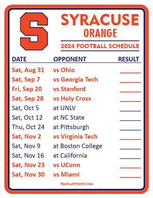 Syracuse Orange Football 2024
 Printable Schedule  - Style 2