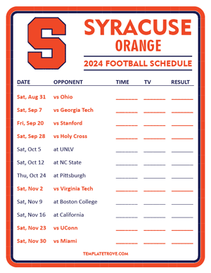 Syracuse Orange Football 2024
 Printable Schedule - Style 3