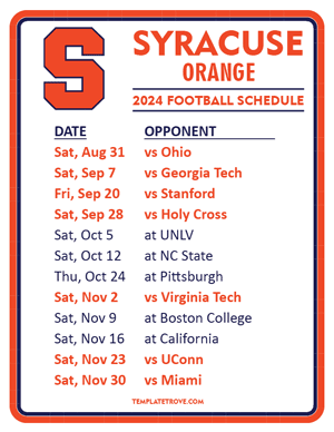 Syracuse Orange Football 2024
 Printable Schedule